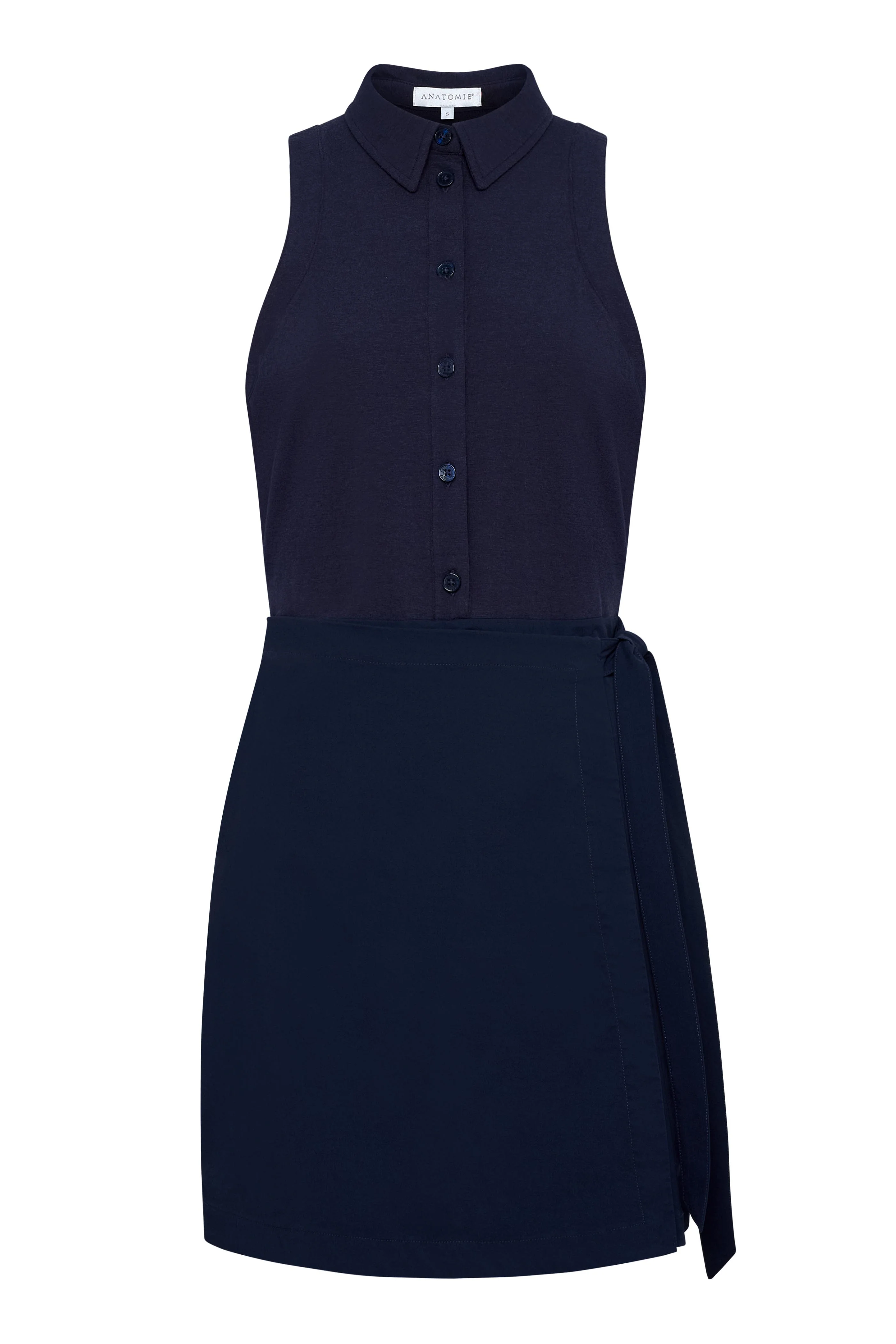 Milana Sleeveless Collared Button Up Wrap Dress in Navy - Image 4