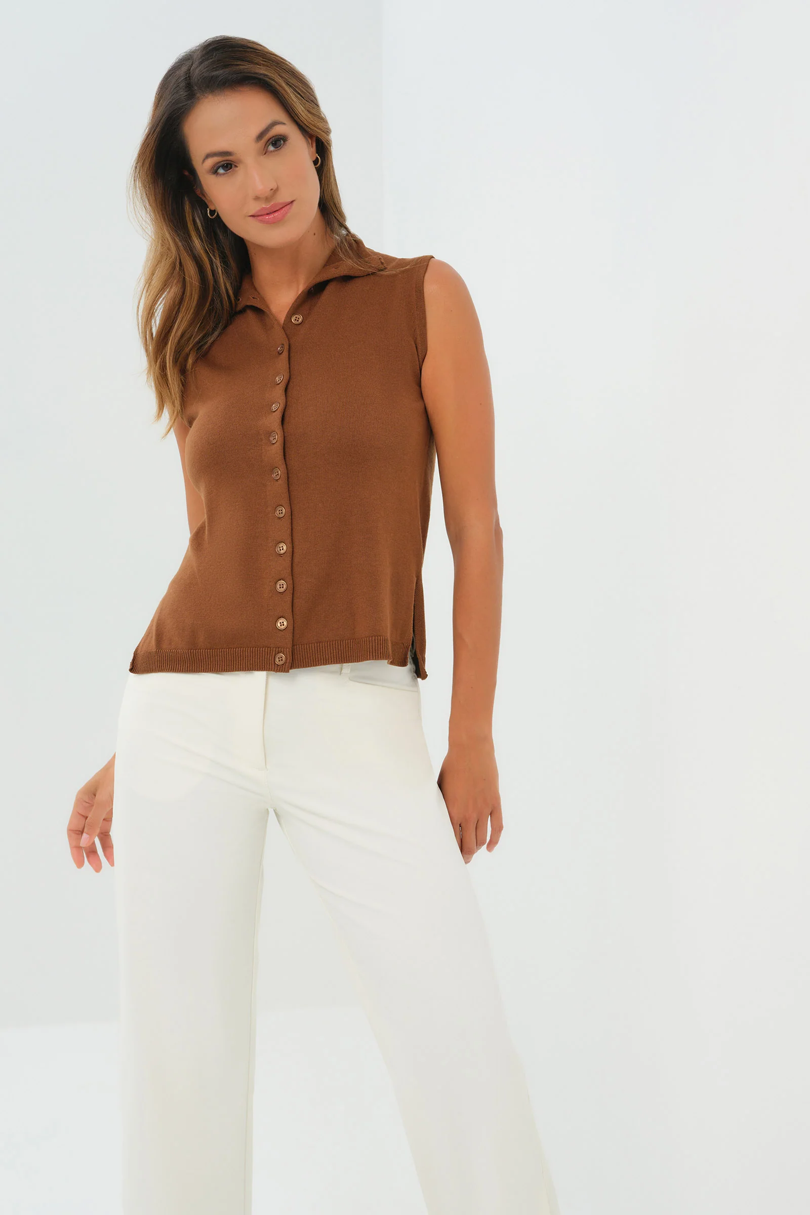 Viola Sweater Knit Sleeveless Button Down Top